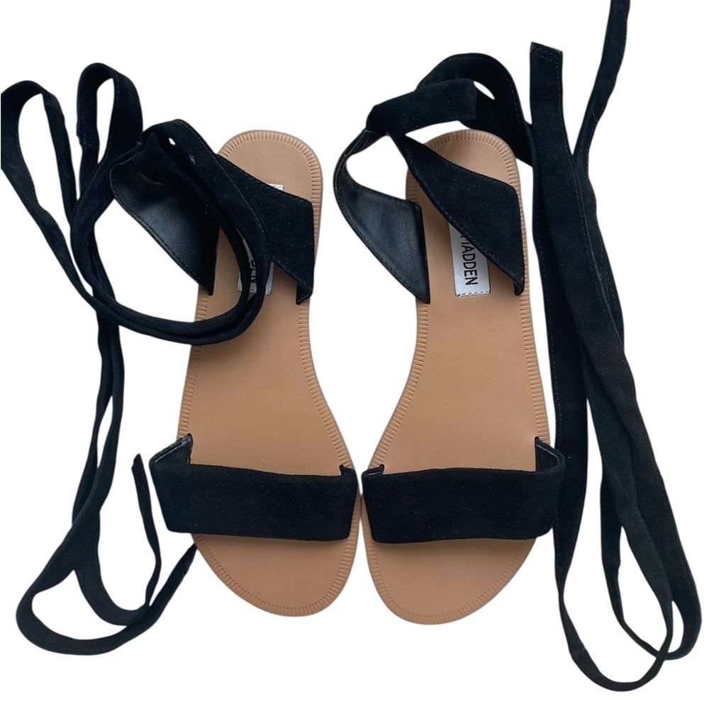 Steve Madden Reputation Women's Black Suede Leather Lace-up Flat Sandals Size 6M